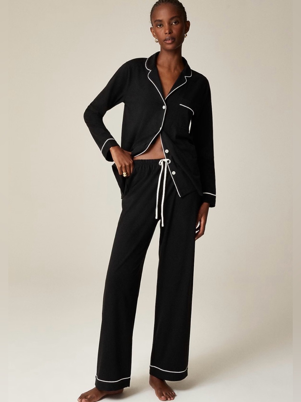 J. Crew Dreamy Pajama Set Black White Piping Sz Medium Long Sleeve Button NWOT
